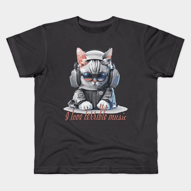 Crazy Cat Listening to Music Cartoon Kids T-Shirt by marklink